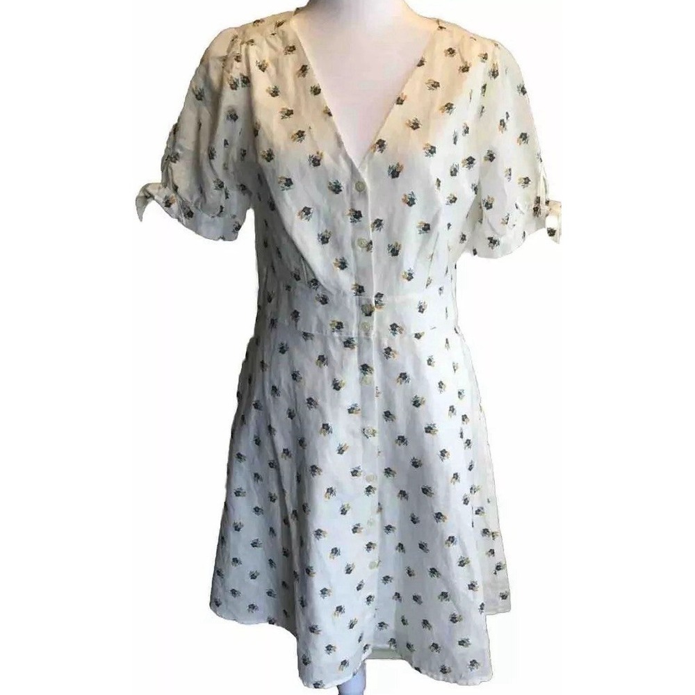 GAP White Dress floral puff sleeve lined button Fit Flare Beach Summer Work 10 - Picture 2 of 12